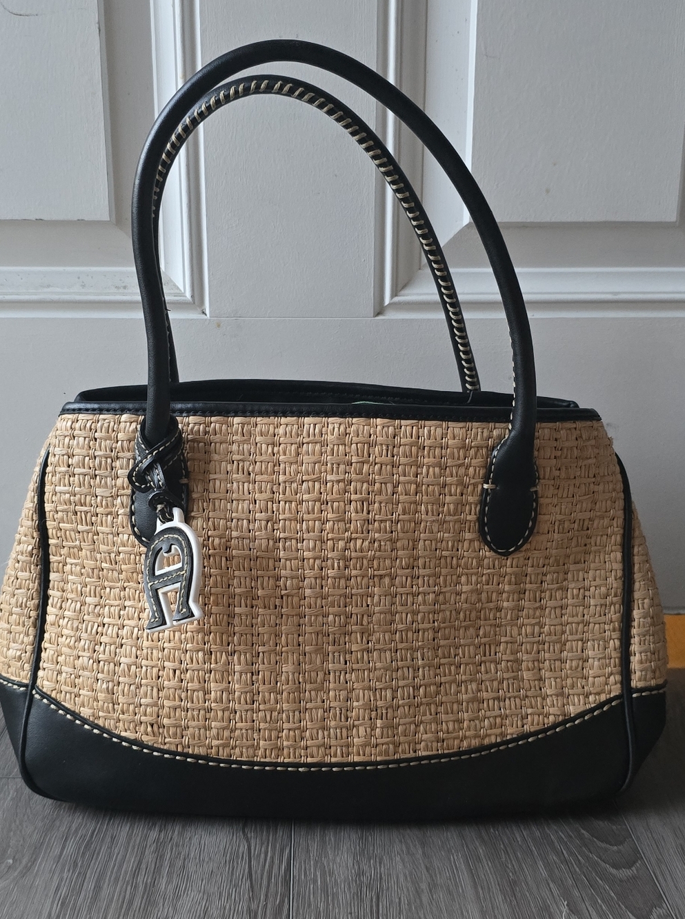 Etienne Aigner Raffia Straw Shoulder Bag Black Trim Logo Charm Summer Tote